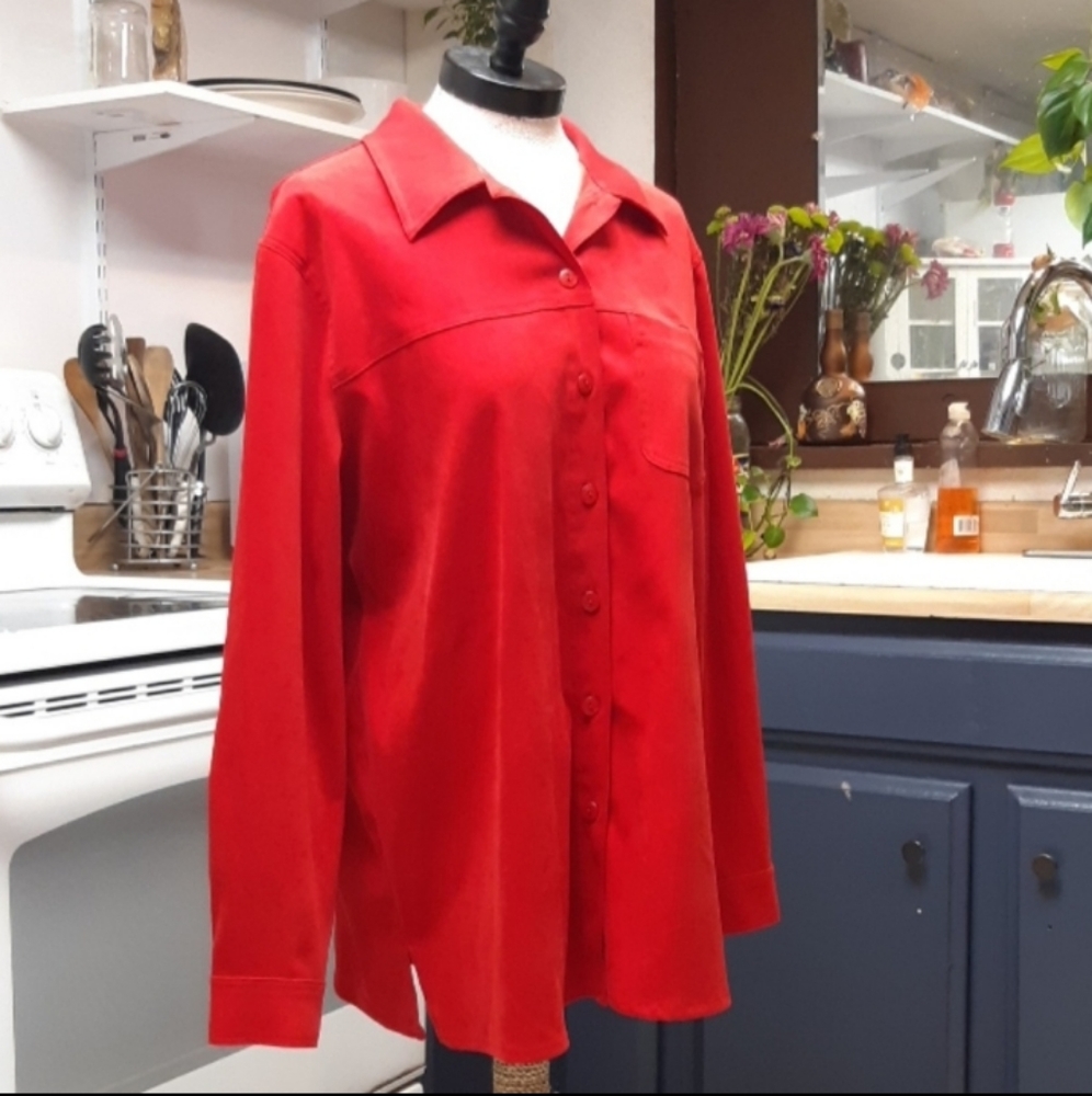 Womens Red Button Up Blouse Allison Daley Red sz 16W top Long  Sleeve Summer B4